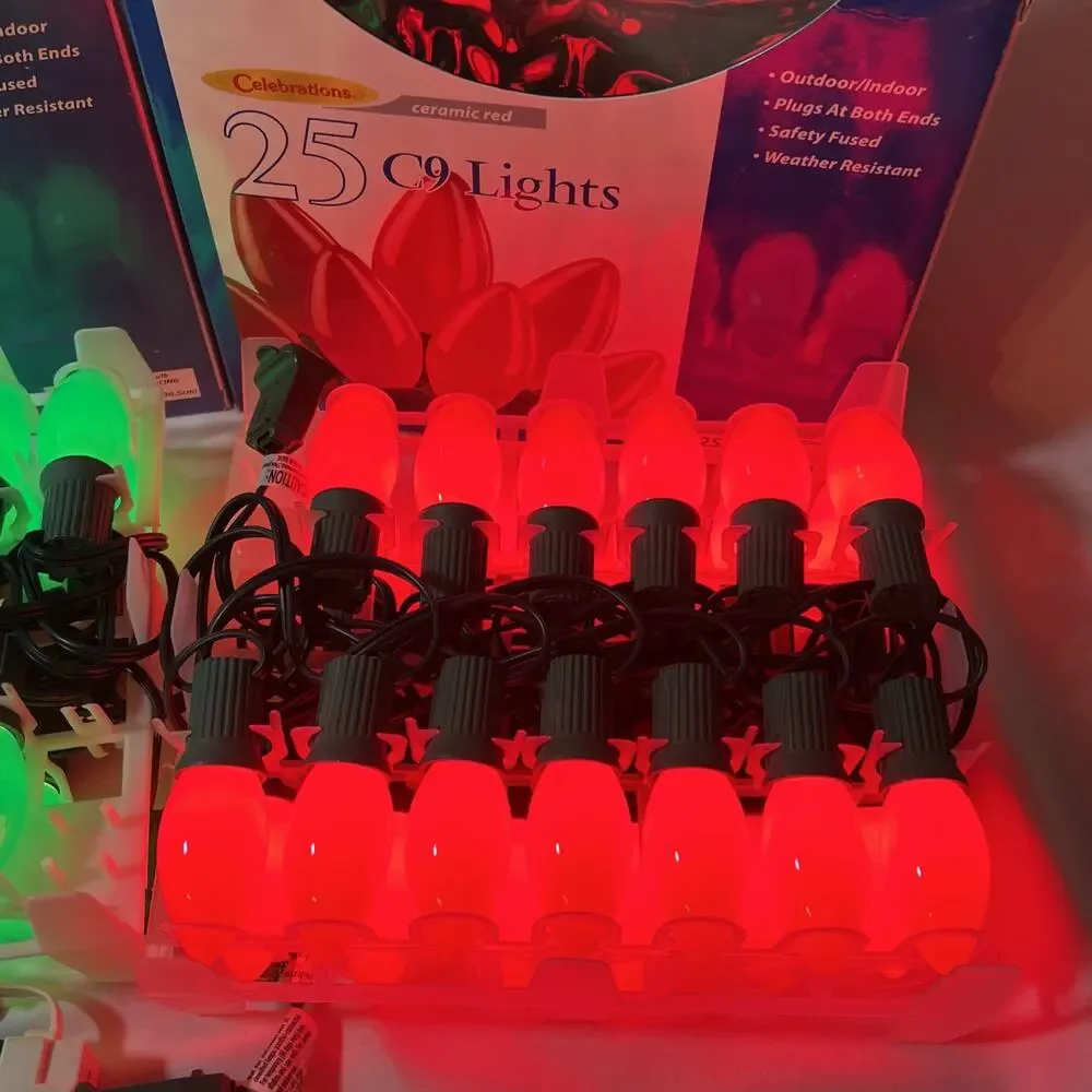 Vintage NEW C9 String Lights Green & Red Incandescent Ceramic Bulbs Ace Hardware